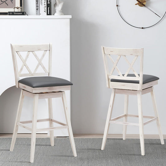 Set of 2 Counter Height Bar Stool with Foot Rest Upholstered Cushion-White