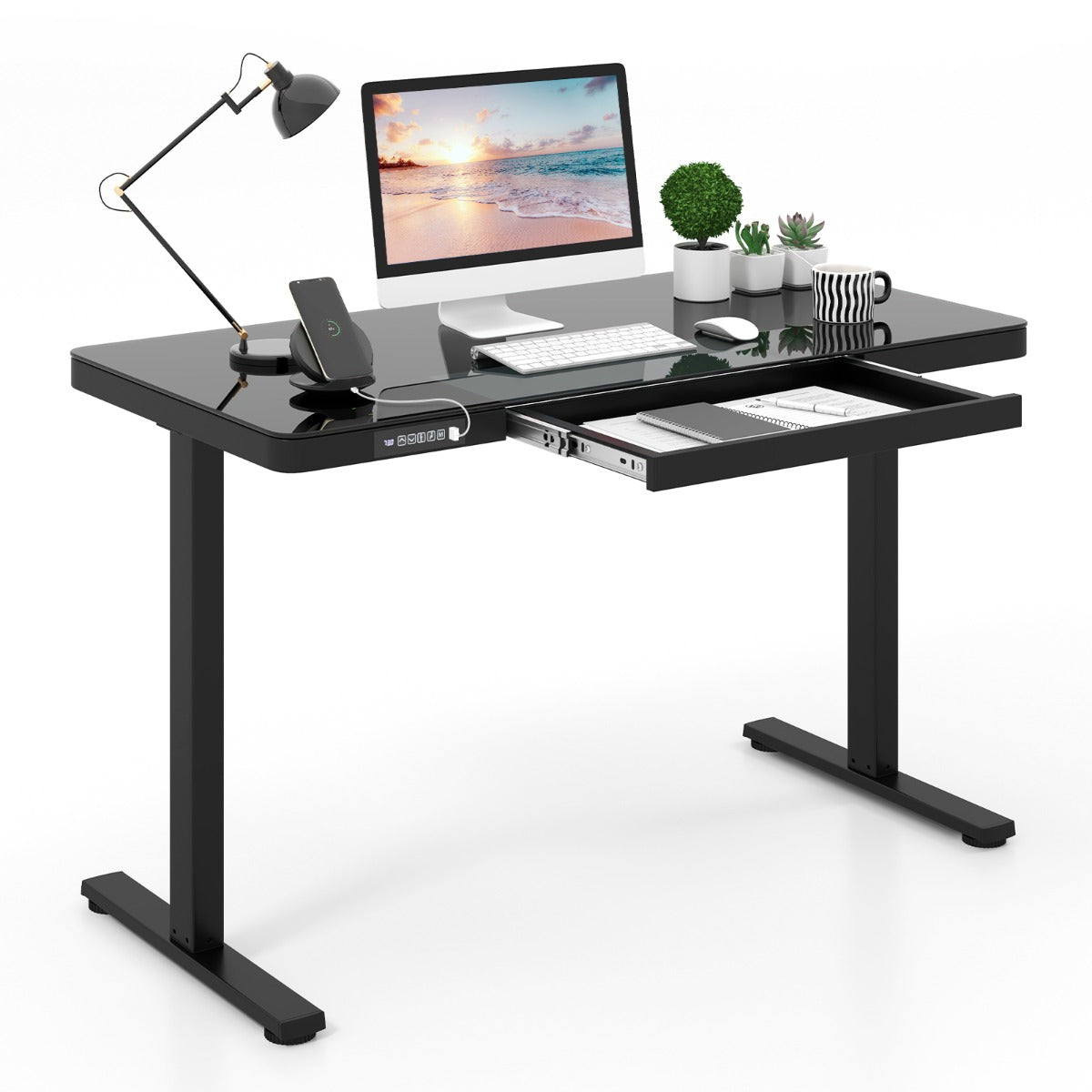 120 x 60 CM Whole-Piece Glass Standing Desk with Drawers, Height Adjustable Desk, Electric Stand up Desk with Writable Tempered Glass Top, USB Type-C Outlets, Memory Presets, Home Office Sit Stand Desk -Black