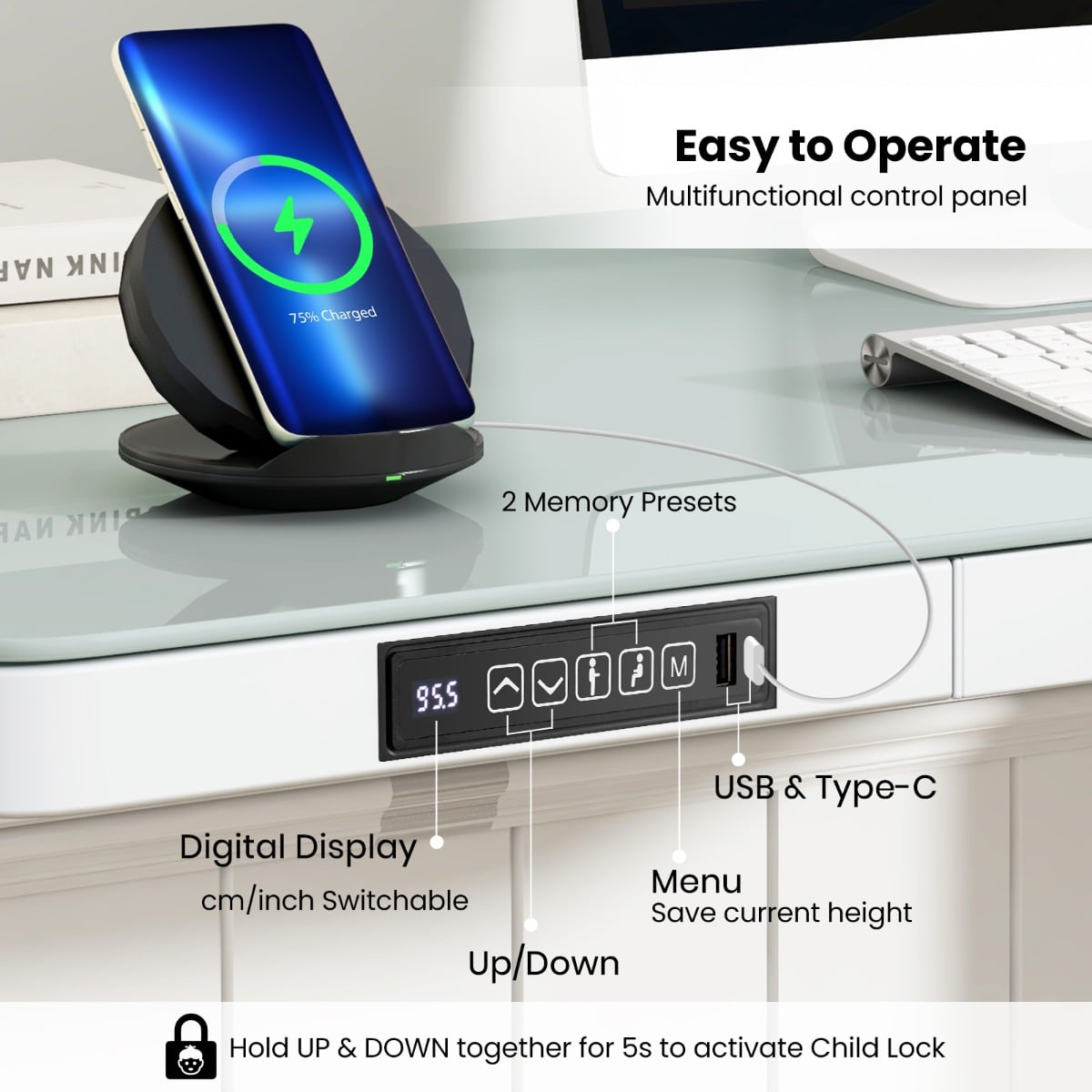 120 x 60 CM Whole-Piece Glass Standing Desk with Drawers, Height Adjustable Desk, Electric Stand up Desk with Writable Tempered Glass Top, USB Type-C Outlets, Memory Presets, Home Office Sit Stand Desk -White