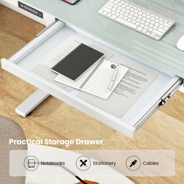 120 x 60 CM Whole-Piece Glass Standing Desk with Drawers, Height Adjustable Desk, Electric Stand up Desk with Writable Tempered Glass Top, USB Type-C Outlets, Memory Presets, Home Office Sit Stand Desk -White