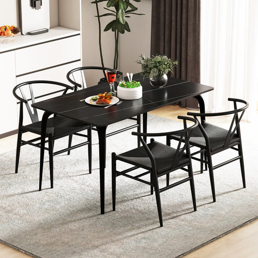 Wishbone Dining Chair Set of 4 with Y-Shaped Backrest and Woven Twine Seat-Black