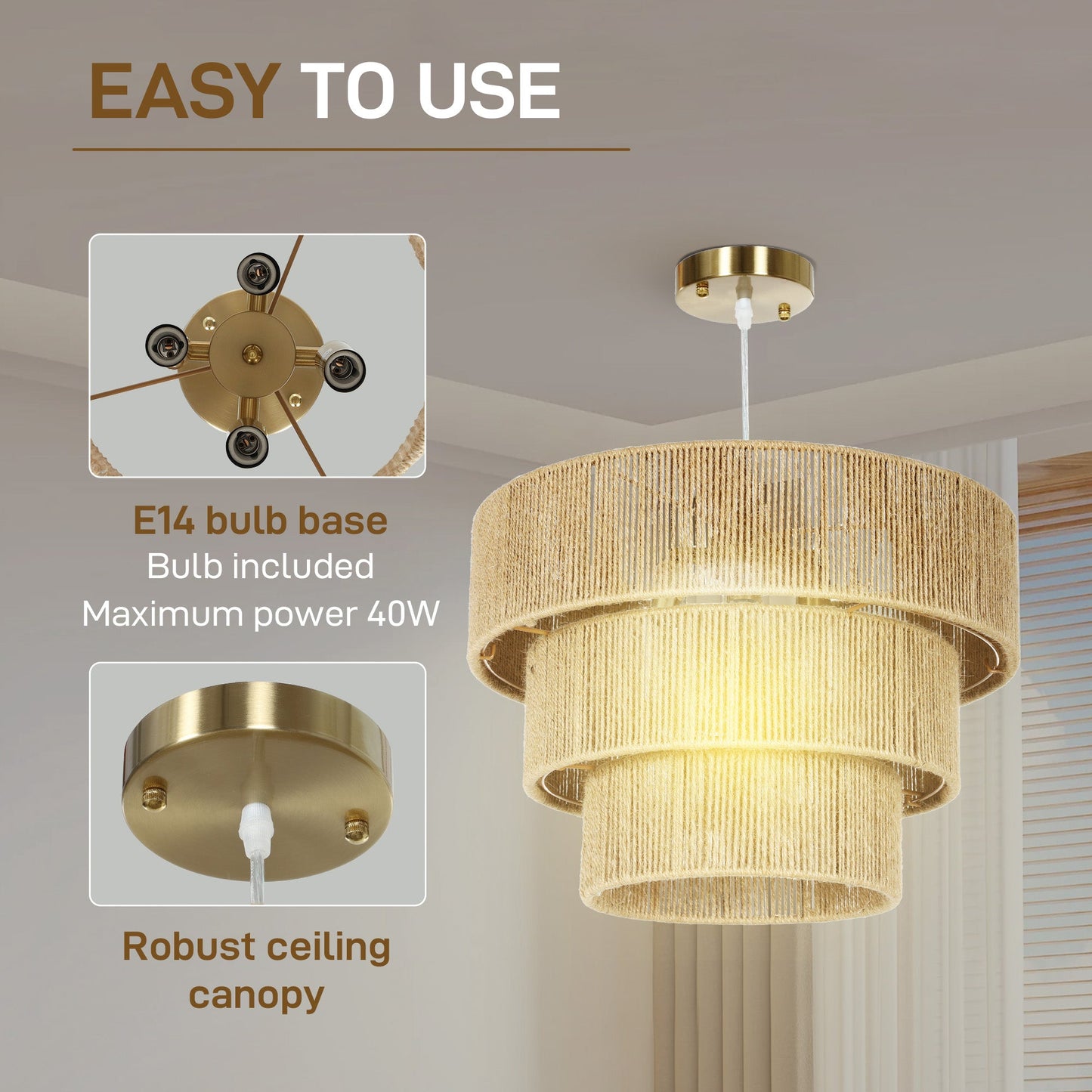 HOMCOM Lampa sufitowa z liny konopnej, 3-warstwowa lampa wisząca Boho, oprawy sufitowe E14 Vintage do salonu, sypialni, kuchni, korytarza, jasnobrązowe