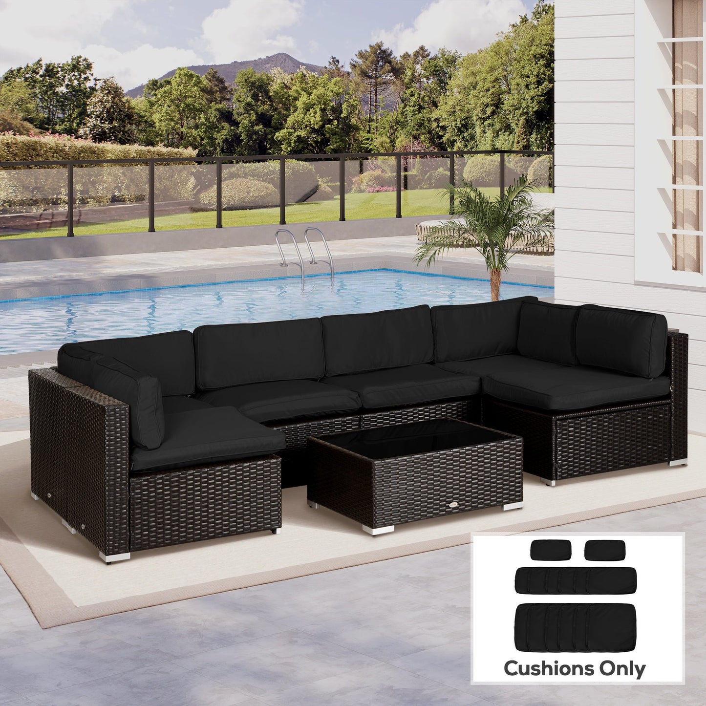 غطاء وسادة أريكة من البوليستر من Outsunny Garden Rattan بديل للاستخدام الخارجي - لا يتضمن وسادة، أسود