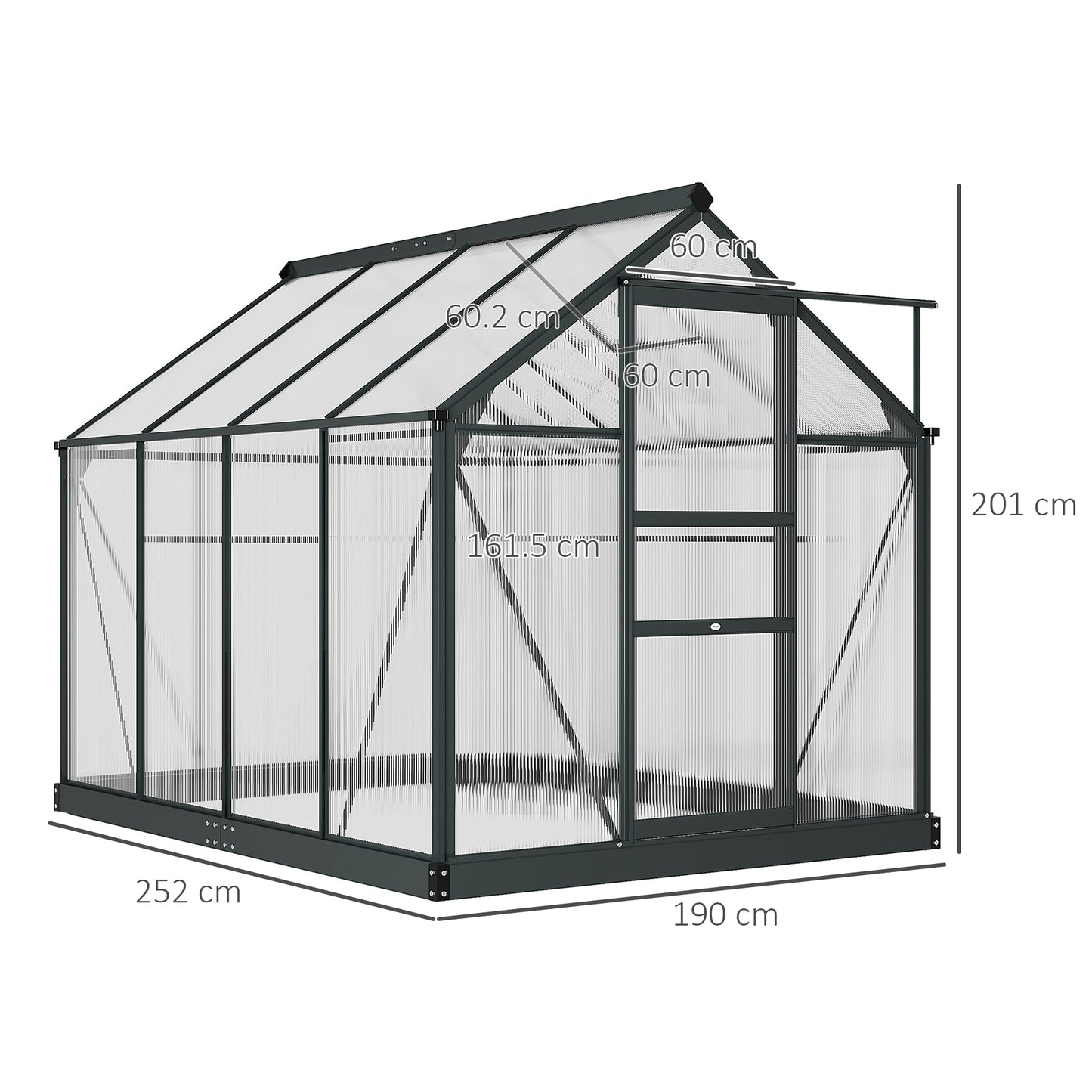 Outsunny 6 x 8ft Poliwęglanowa szklarnia, duża szklarnia typu walk-in z przesuwanymi drzwiami i oknem, domek do uprawy roślin ogrodowych z aluminiową ramą i fundamentem, szary