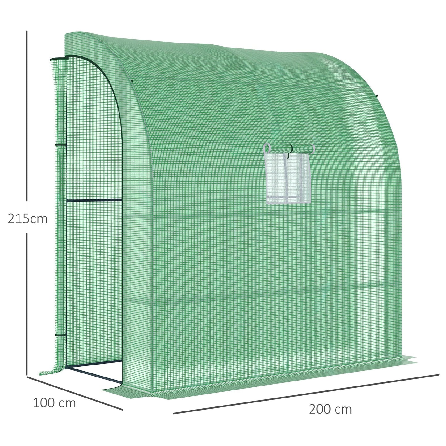 Outsunny Walk-In Lean to Wall Szklarnia z Oknami i Drzwiami, Zewnętrzna Szklarnia z 3 Poziomami 4 Półkami Drucianymi, 200L x 100W x 215Hcm, Zielony