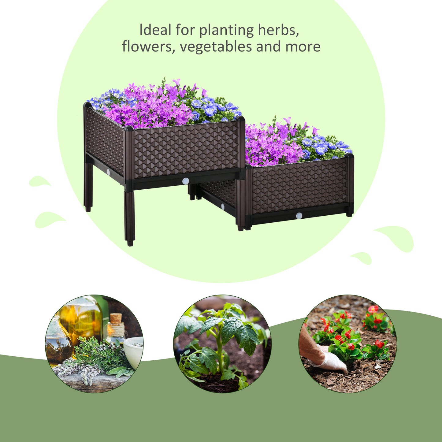 Outsunny 50cm x 50cm x 46,5cm Zestaw 2 41L Plastikowe podwyższone grządki ogrodowe, skrzynia na rośliny, pojemnik do sadzenia warzyw kwiatowych z konstrukcją samonawadniającą i otworami drenażowymi na taras, balkon
