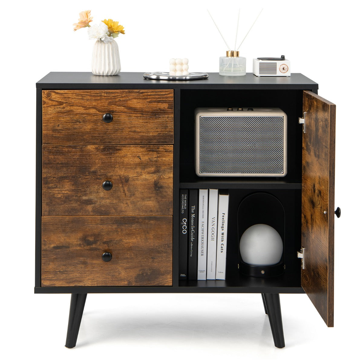 Storage Cabinet with 3 Drawer and 1 Side Cabinet-Rustic Brown