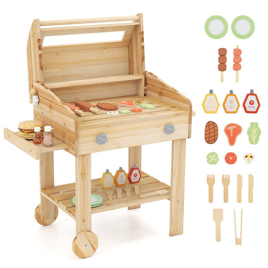 Wooden Barbecue Grill Toy Set with Play Food and Grilling Tools for kids-Natural