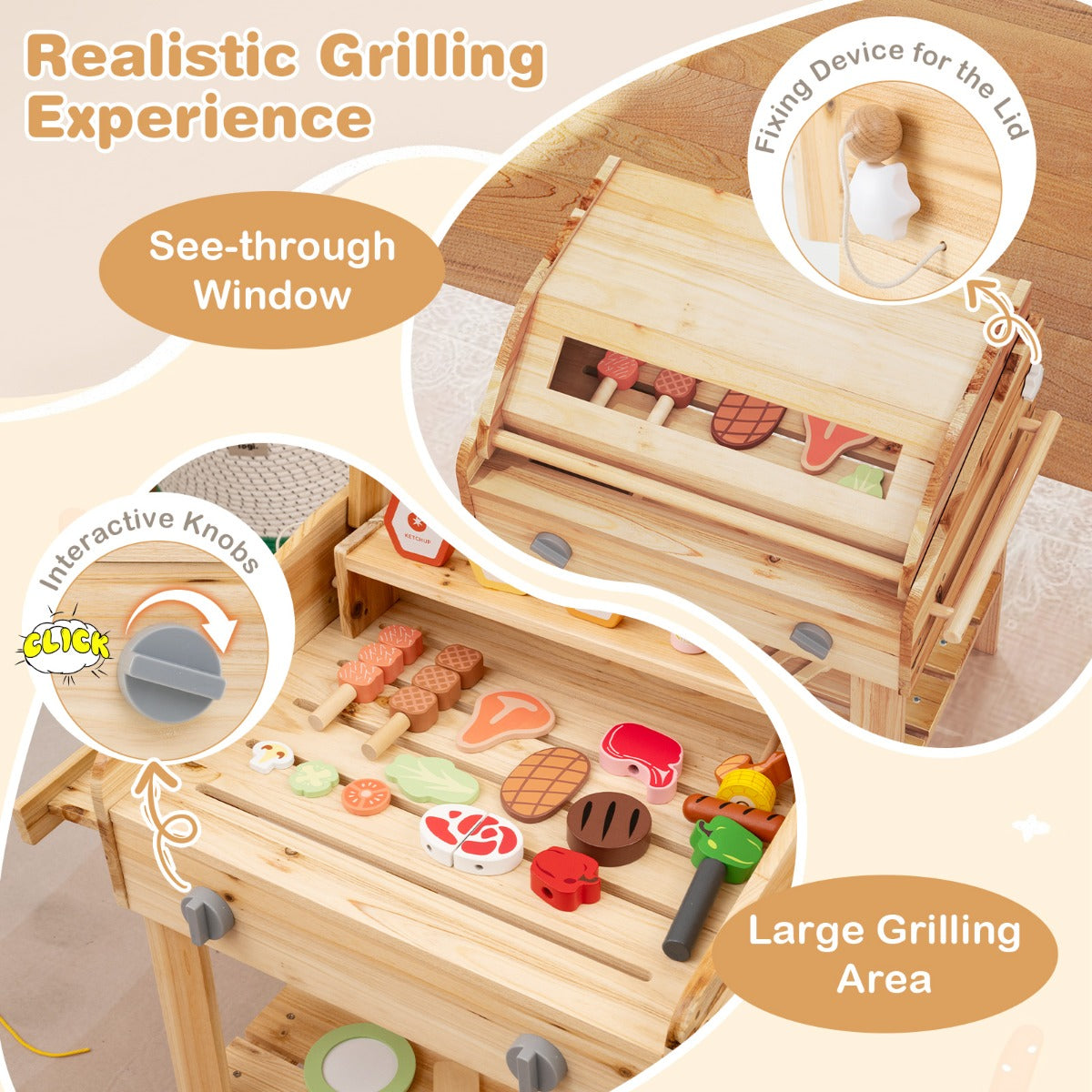 Wooden Barbecue Grill Toy Set with Play Food and Grilling Tools for kids-Natural