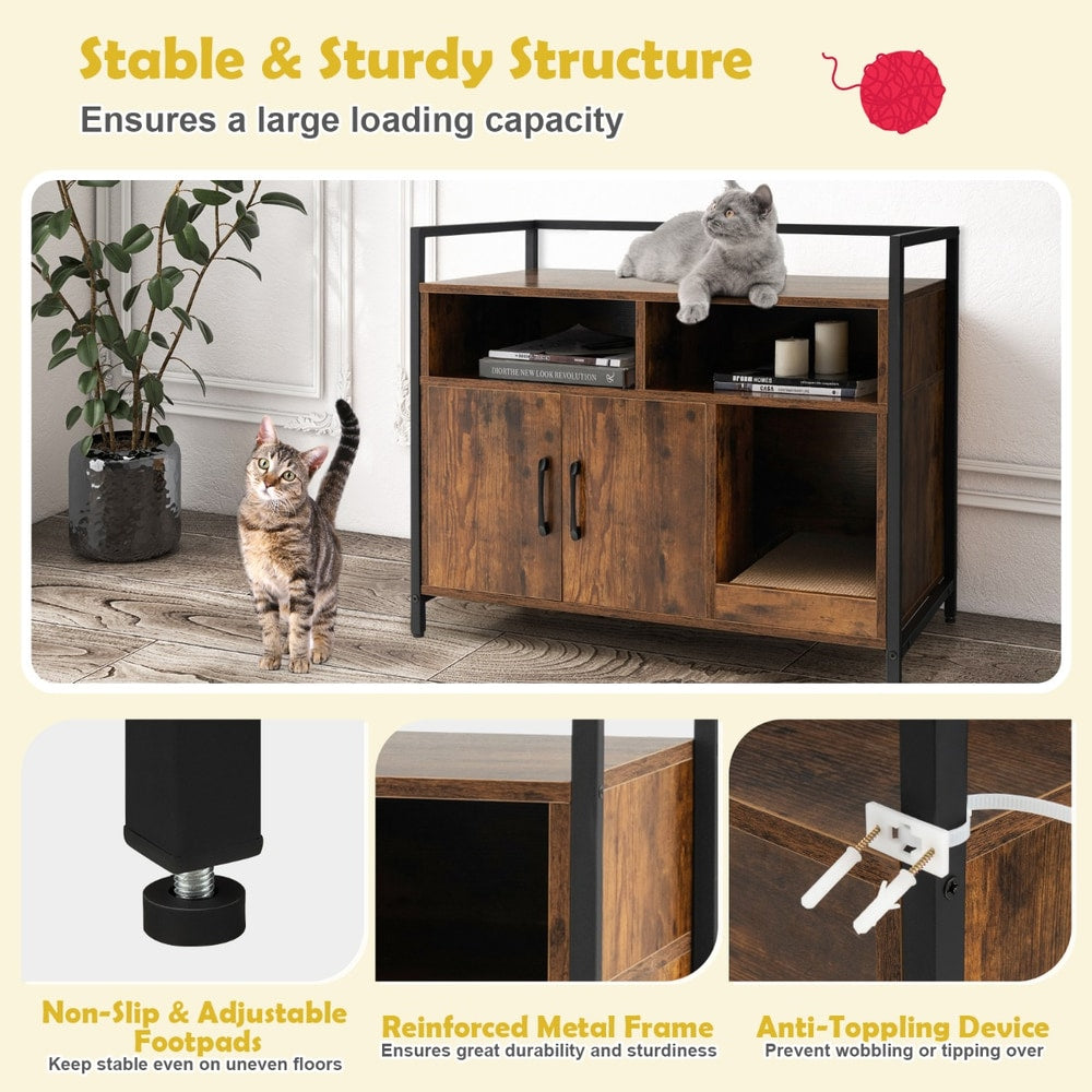 Wooden Cat Litter Box Enclosure with Compartments and Scratching Board-Coffee
