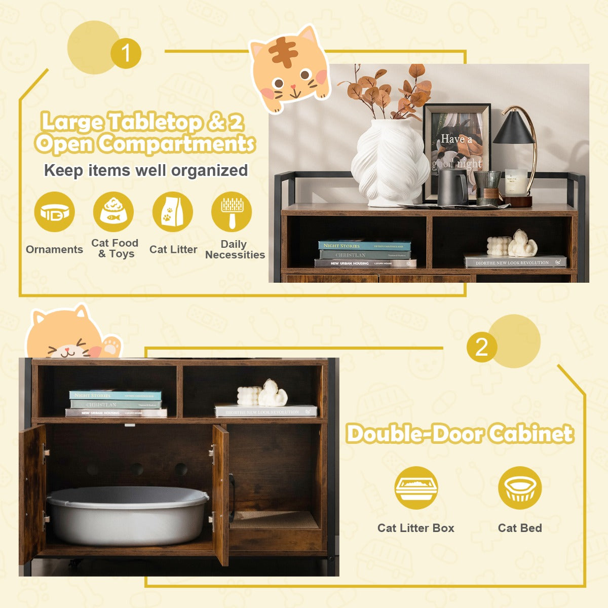 Wooden Cat Litter Box Enclosure with Compartments and Scratching Board-Coffee