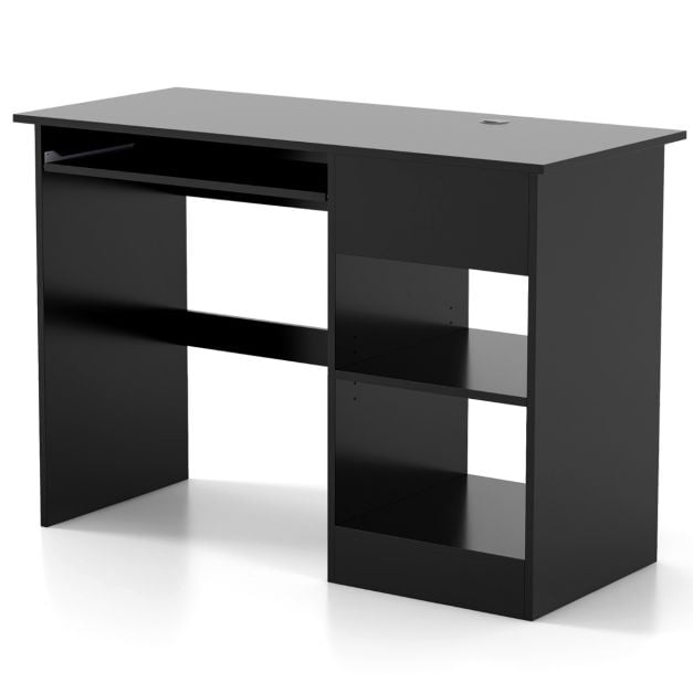 Wooden Computer Desk with Pull-out Keyboard Tray and Adjustable Storage Shelves-Black