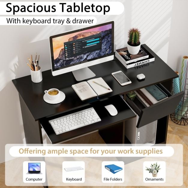 Wooden Computer Desk with Pull-out Keyboard Tray and Adjustable Storage Shelves-Black
