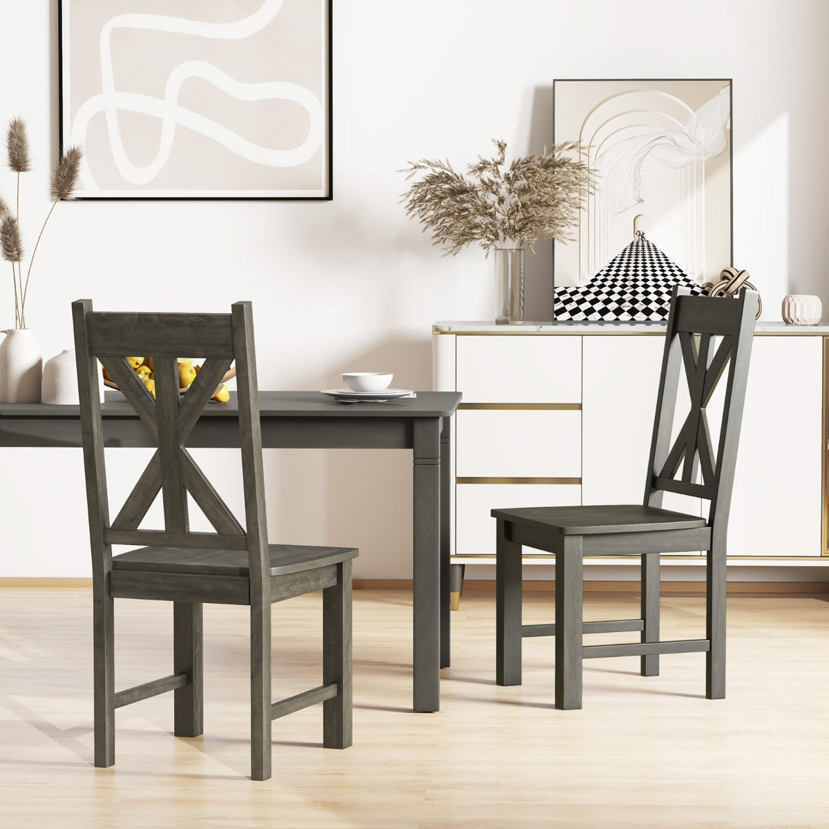 Wooden Dining Chairs Set of 4 with Rubber Wood Frame and Elegant Hollowed Backrest