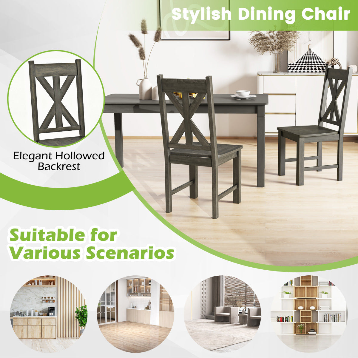 Wooden Dining Chairs Set of 4 with Rubber Wood Frame and Elegant Hollowed Backrest