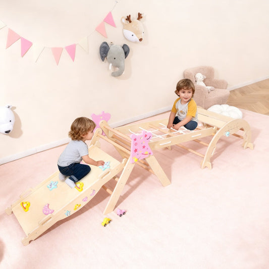 Wooden Montessori Climbing Set with Climbing Rope and Ladder-Natural