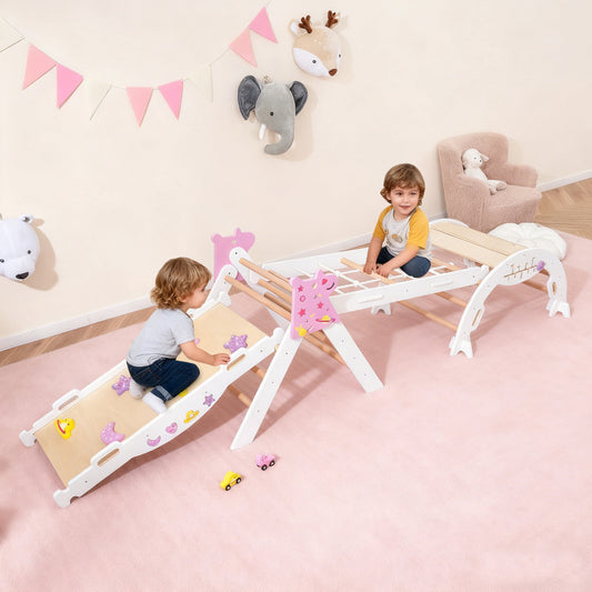 Wooden Montessori Climbing Set with Climbing Rope and Ladder-White