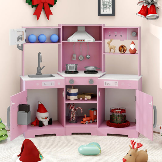 Wooden Pretend Play Kitchen with Real Sounds and Lights-Pink
