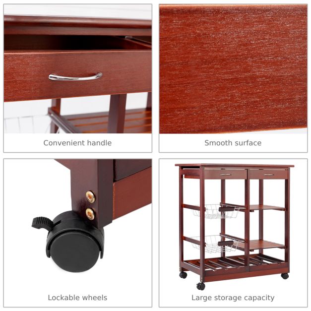 Wooden Rolling Kitchen Cart with Drawers Shelves Wire Baskets Wine Racks-Burgundy