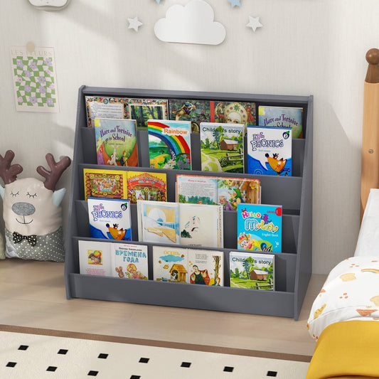 5-Tier Wooden Toddler Book Shelf Stand with Deep Compartments-Grey