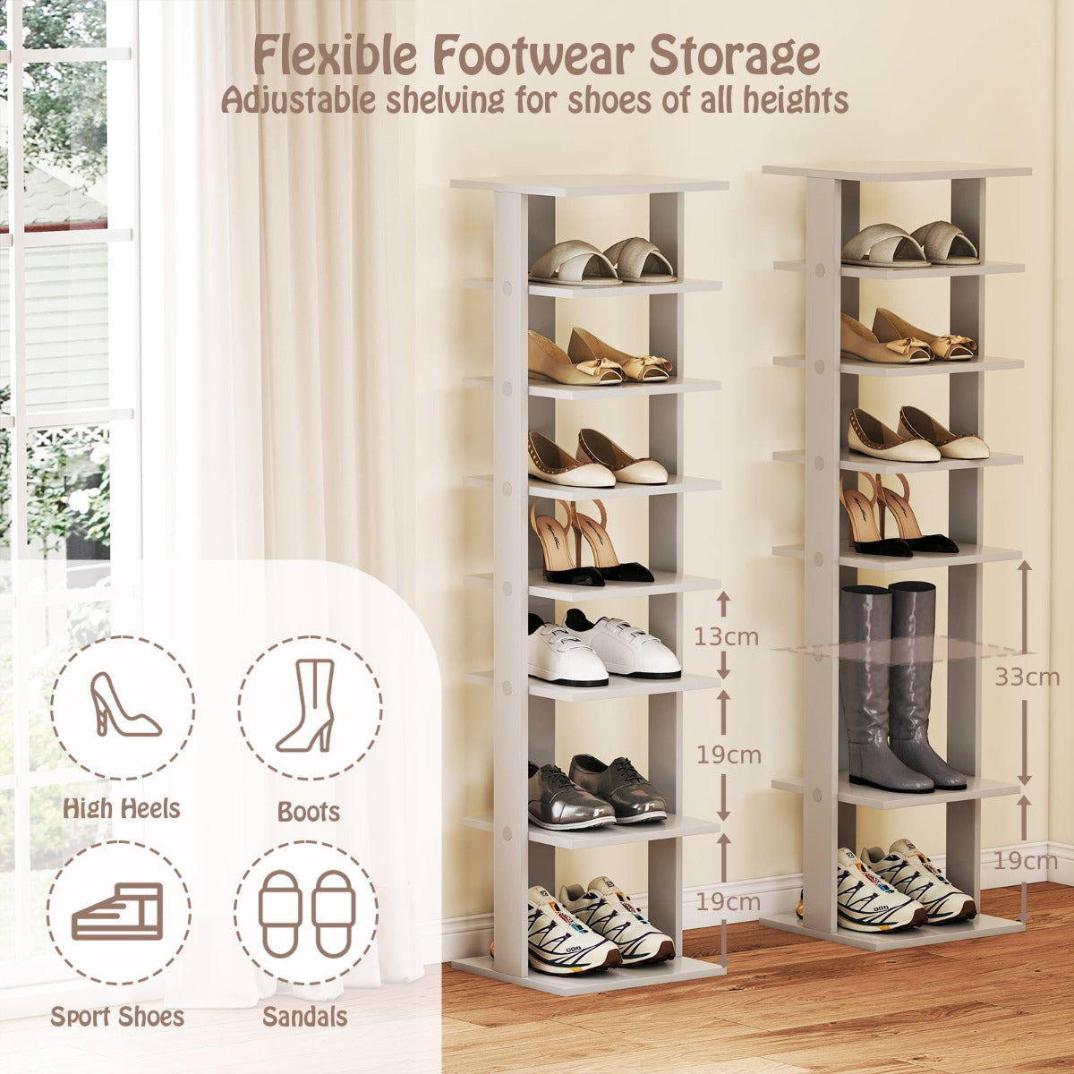 Wooden Vertical Shoe Rack with 7 Shelves-Grey