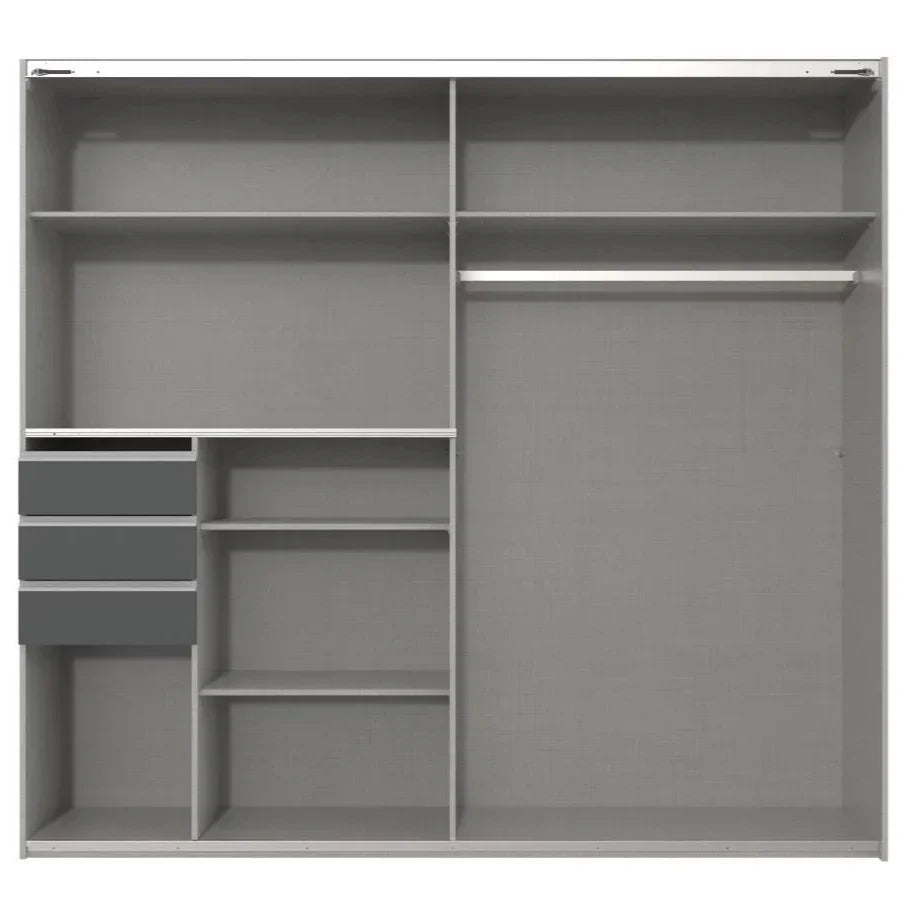 Gray wardrobe with multiple compartments and shelves