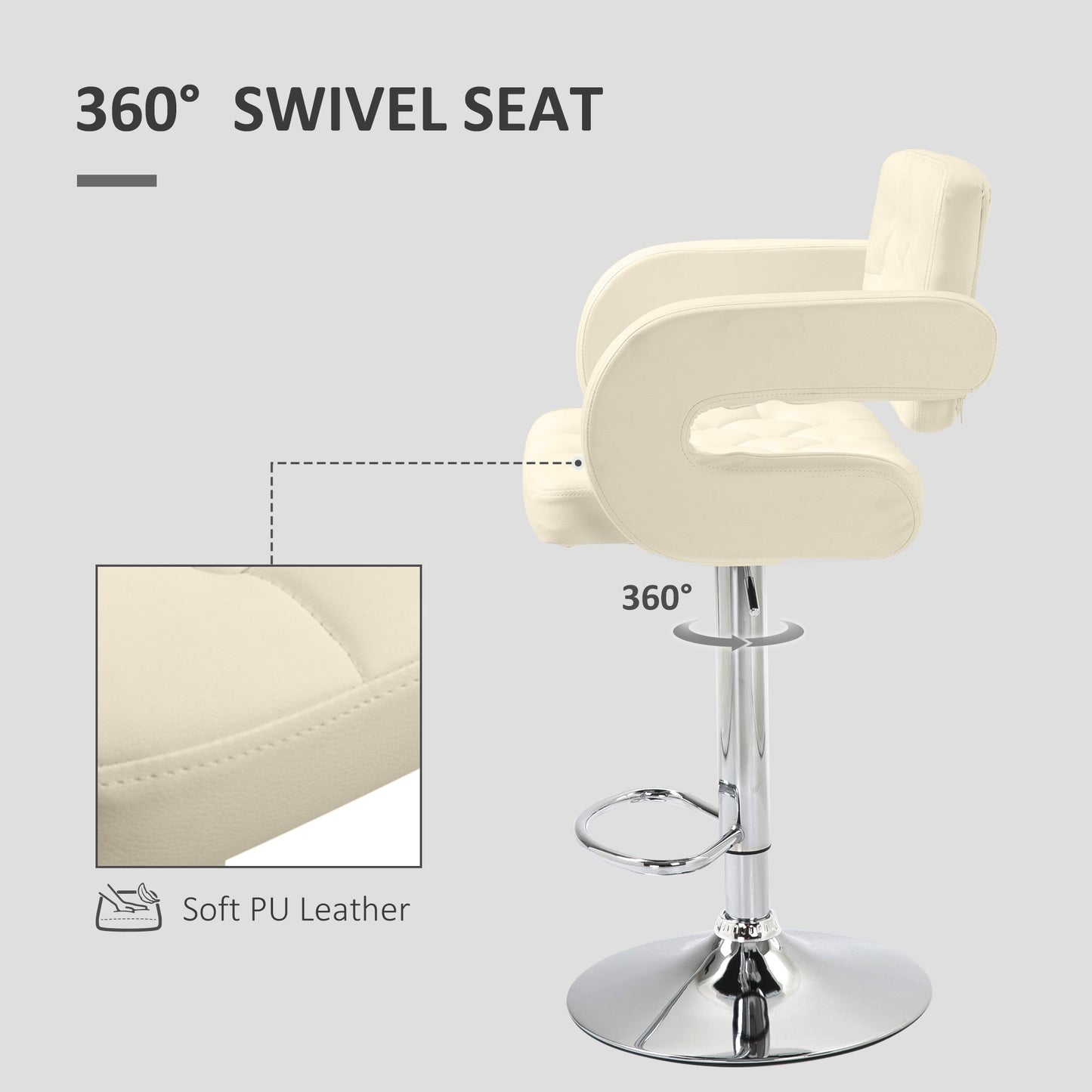 HOMCOM PU Leather Upholstered Swivel Bar Stool, Height Adjustable with Back, Armrest, Footrest, Beige