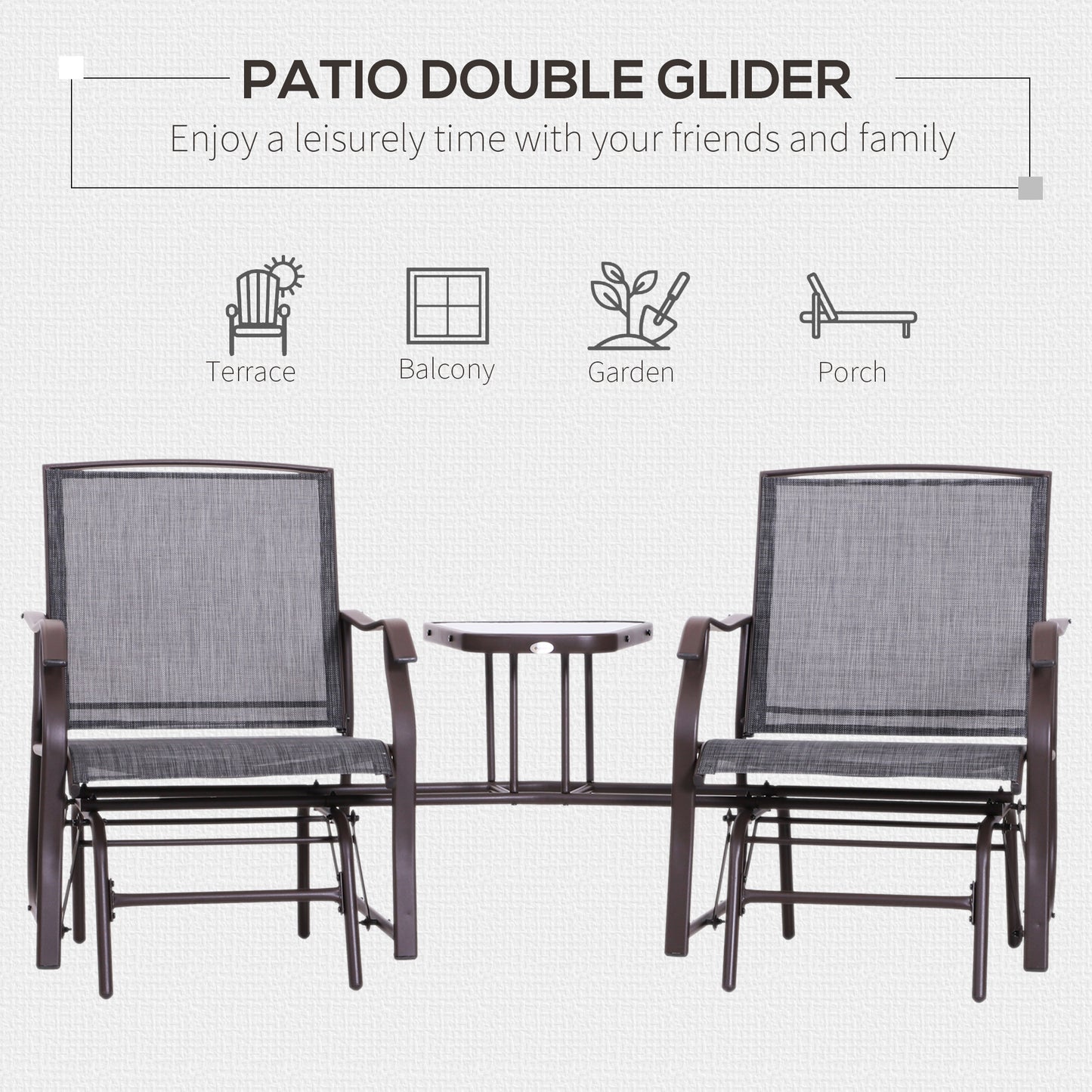 Outsunny Gliding Jack and Jill Seat, with Glass-Top Table - Brown/Grey