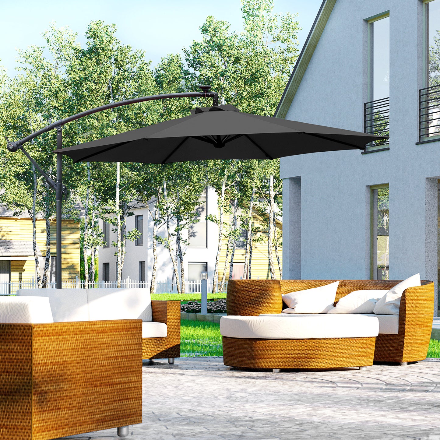 Outsunny 3m LED Patio Banana Parasol z wysięgnikiem i korbką, wiszący, rama parasola, stalowy aluminiowy stolik ogrodowy, czarny