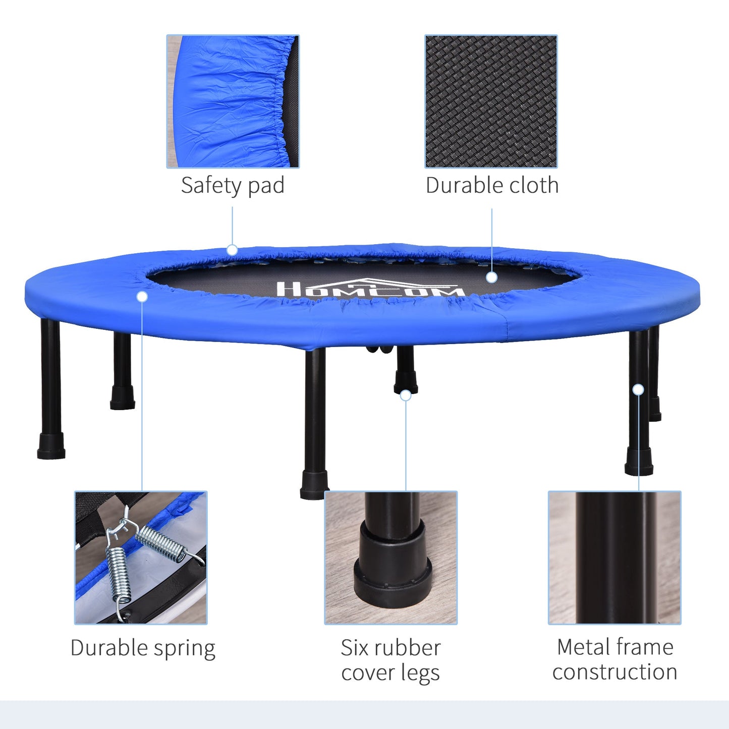 HOMCOM â91 Mini trampolina fitness do ćwiczeń w domu, do jogi, do użytku wewnątrz i na zewnątrz, z podkładką bezpieczeństwa, udźwig do 100 kg, niebiesko-czarna
