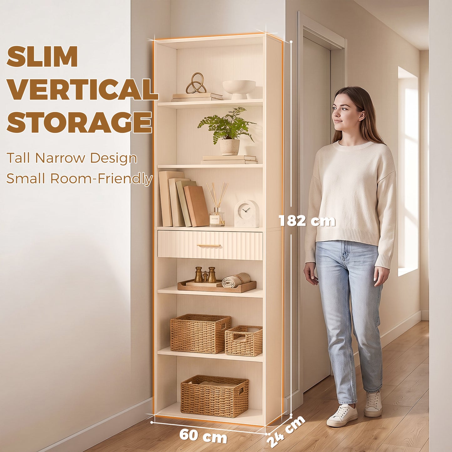 HOMCOM Bookcase Narrow Tall Space-Saving Bookshelf Drawer Open Shelves 60 x 24 x 182 cm White