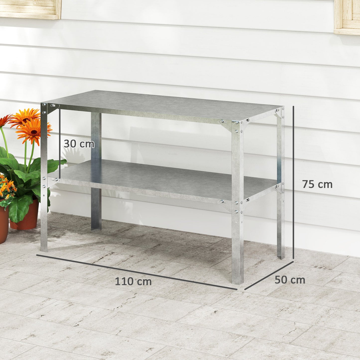 Outsunny 2-poziomowy stół do sadzenia roślin, ocynkowany stalowy stół roboczy do sadzenia roślin ogrodowych ze schowkiem na zewnątrz, patio, szklarnię, 110 x 50 x 75 cm, srebrny odcień