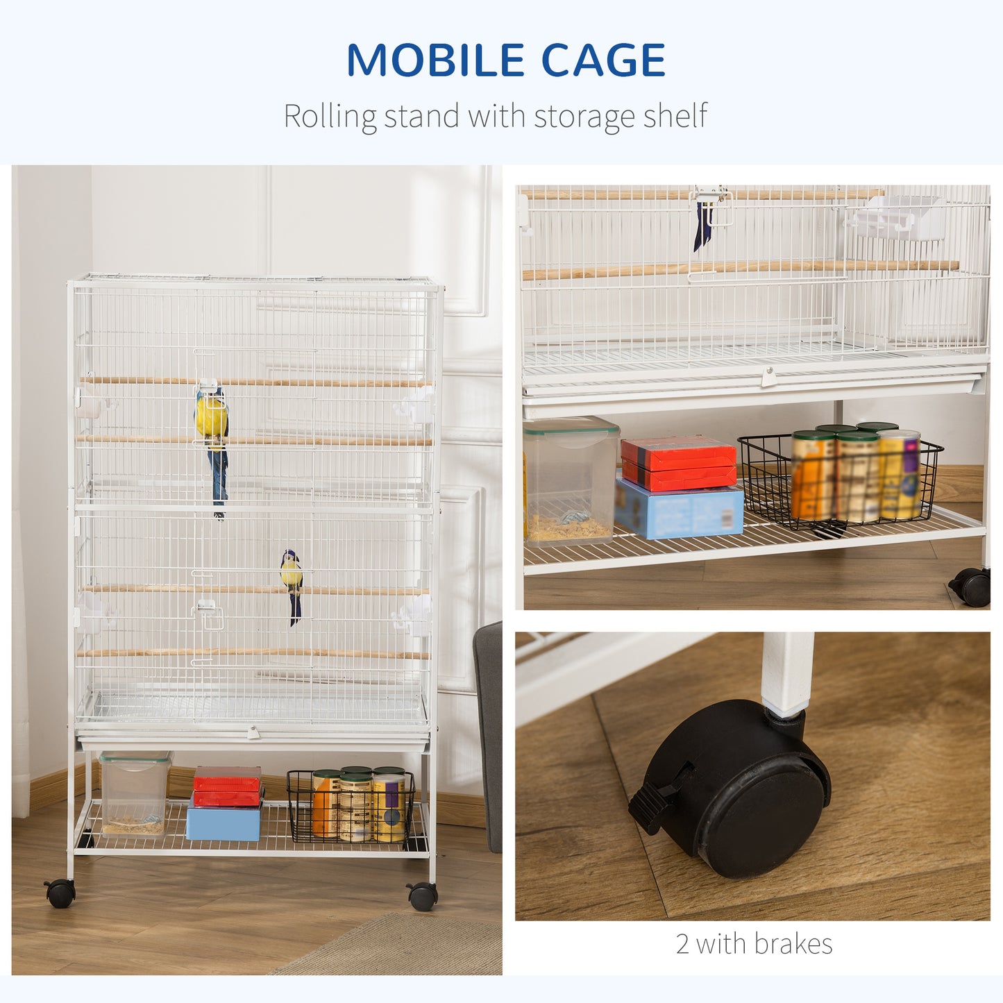 PawHut Duża klatka dla ptaków Budgie Cage dla Finch Kanarki Papużki z ruchomym stojakiem, wysuwaną tacą, półką do przechowywania, pojemnikami na żywność, biała