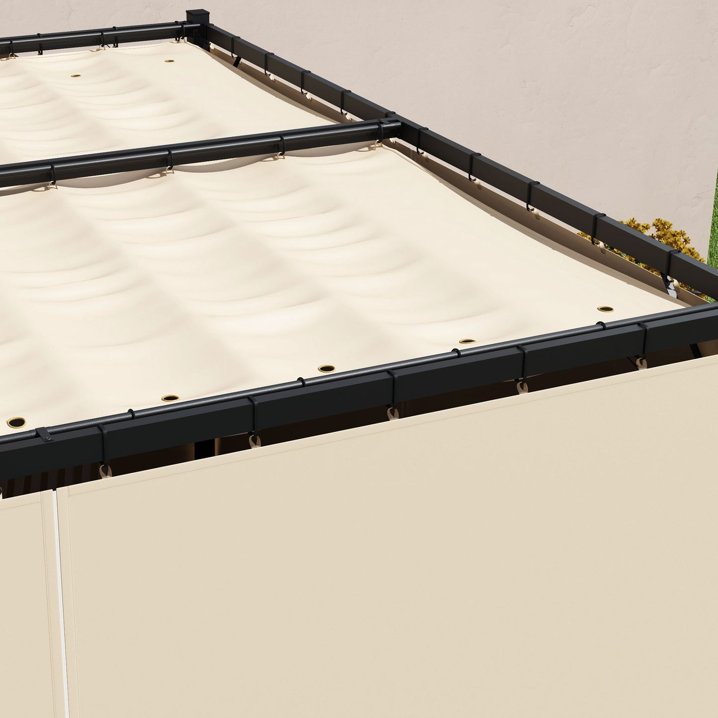 Outsunny 3 x 3(m) Rozsuwana pergola, altana ogrodowa z zasłonami, do grilla, na patio, pokład, beżowa