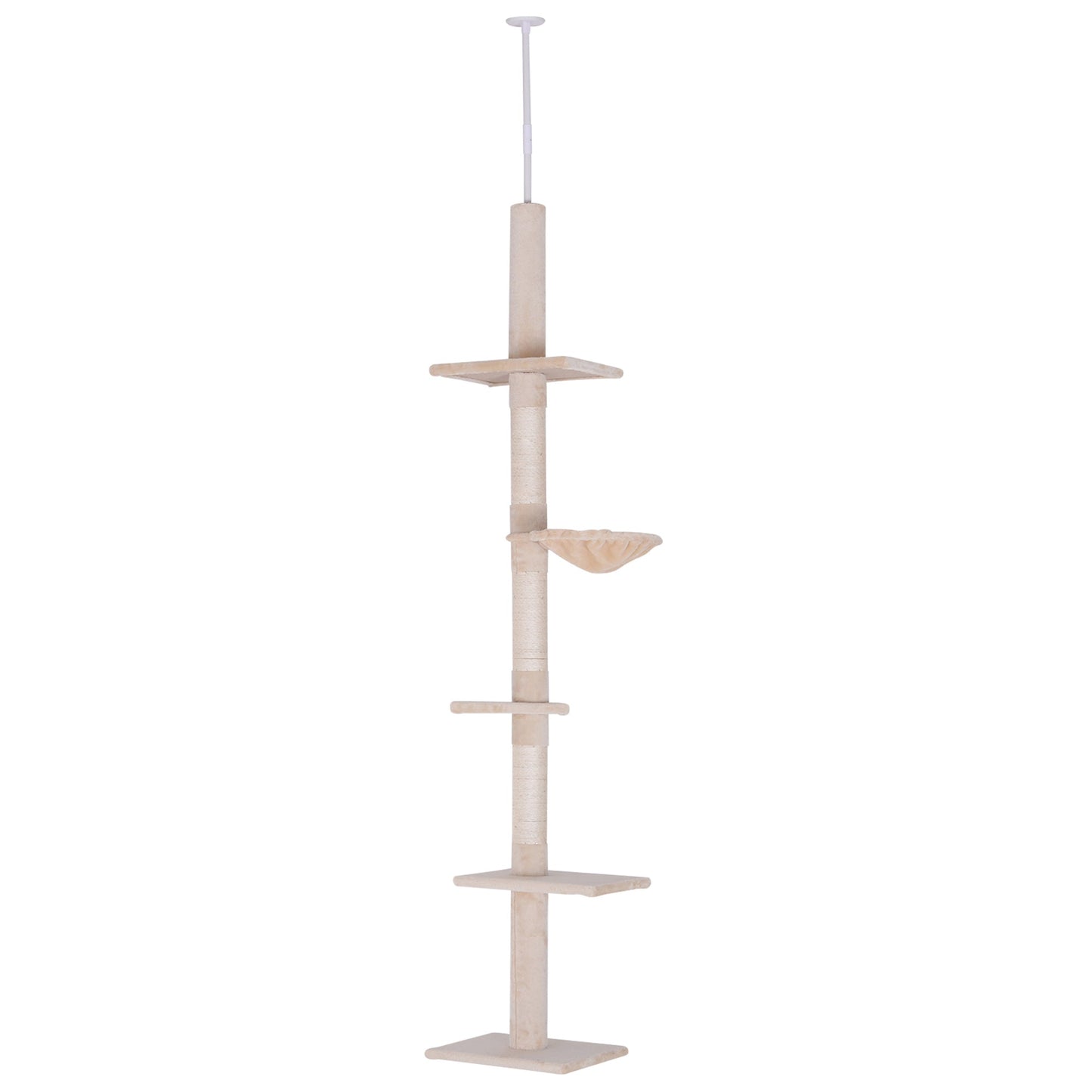 PawHut Floor to Ceiling Cat Tree Height Adjustable 230-260cm, 5-Tier Cat Tower with Scratching Post, Hammock, Perches, Climbing Activity Centre for Indoor Kittens, Beige