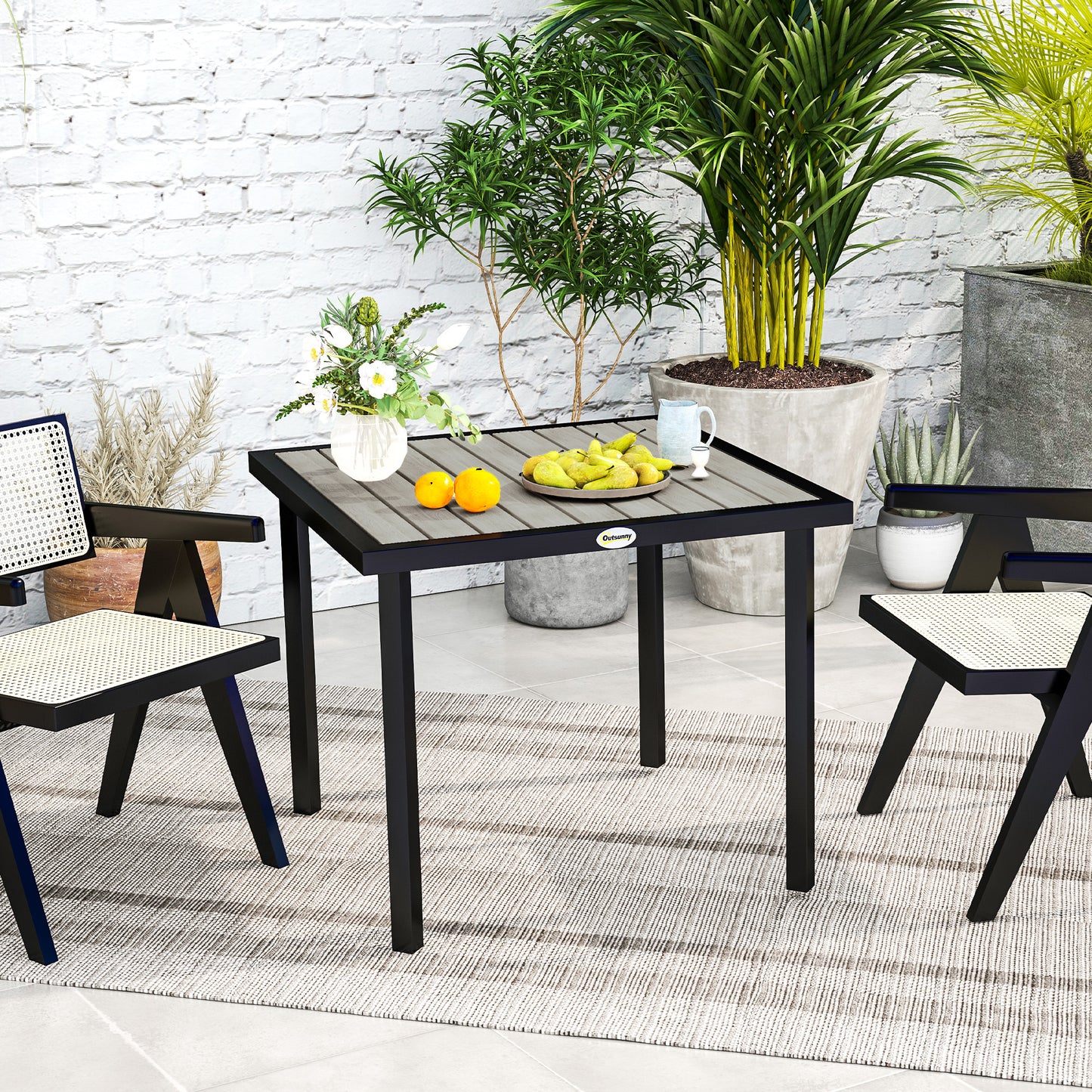Stół ogrodowy Outsunny Square Garden Dining Table z otworem na parasol 5,4 cm, blatem z listew, metalową ramą, 86 x 86 x 71 cm, jasnoszary