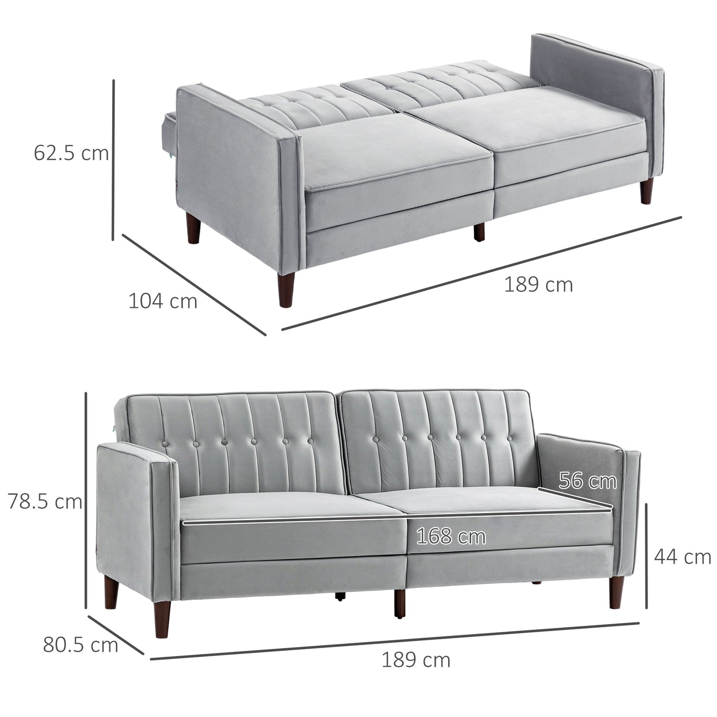 HOMCOM Nowoczesna rozkładana sofa Futon Velvet-Touch, kompaktowa sofa dwuosobowa z regulowanym, dzielonym oparciem, jasnoszara