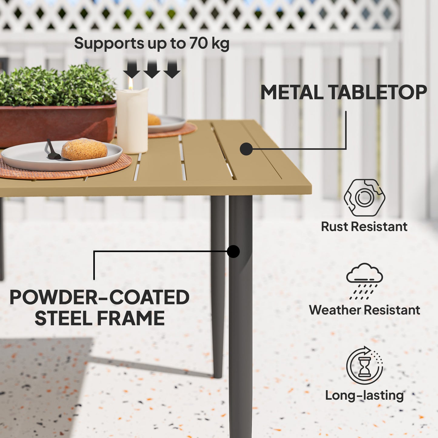 Outsunny Garden Dining Table dla 6 osób, prostokątny stolik kawowy do ogrodu z otworem na parasol 5 cm, blatem z listew i stalową ramą na taras i balkon, brązowy