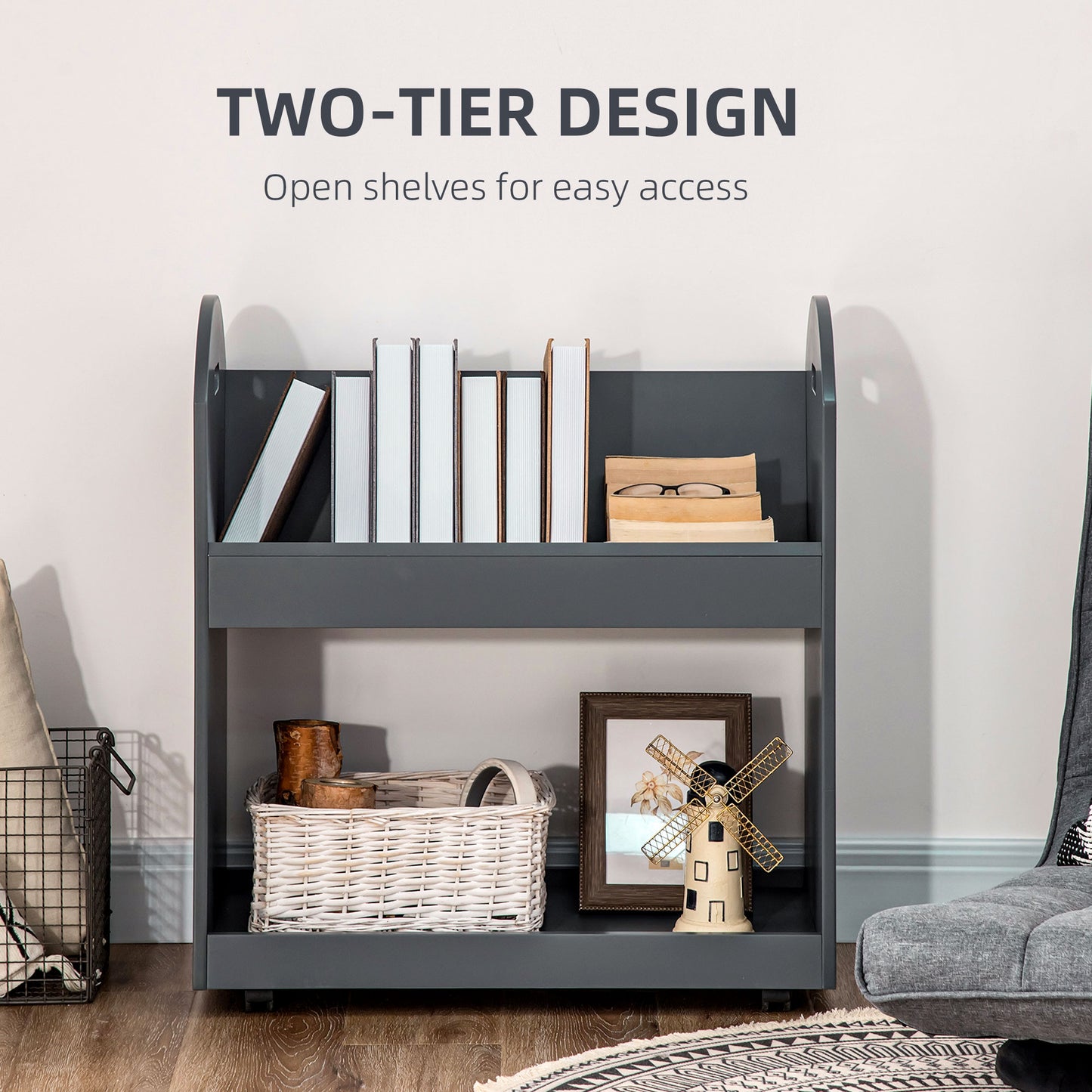 HOMCOM 2-Tier Storage Shelves, Kitchen Cart Shelf Unit with Wheels for Dining & Living Room, Home Study, Grey