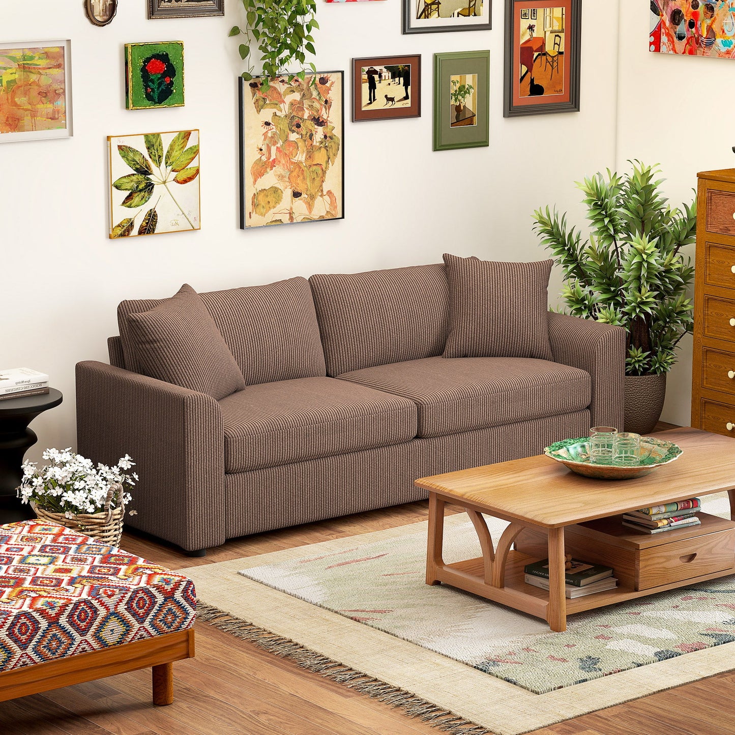 HOMCOM Nowoczesna 3-osobowa sofa z poduszką sprężynową, 212 cm, materiałowa, Jumbo Cord Sofa Couch z 2 poduszkami dekoracyjnymi, tapicerowana sofa z kordu do salonu, sypialni, domowego biura, kawiarni
