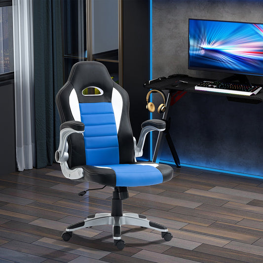 HOMCOM Computer Gaming Chair, Office Desk Swivel Chair, PU Leather Racing Chair with 90 Flip-up Armrest, Adjustable Height and Rolling Wheels, Blue