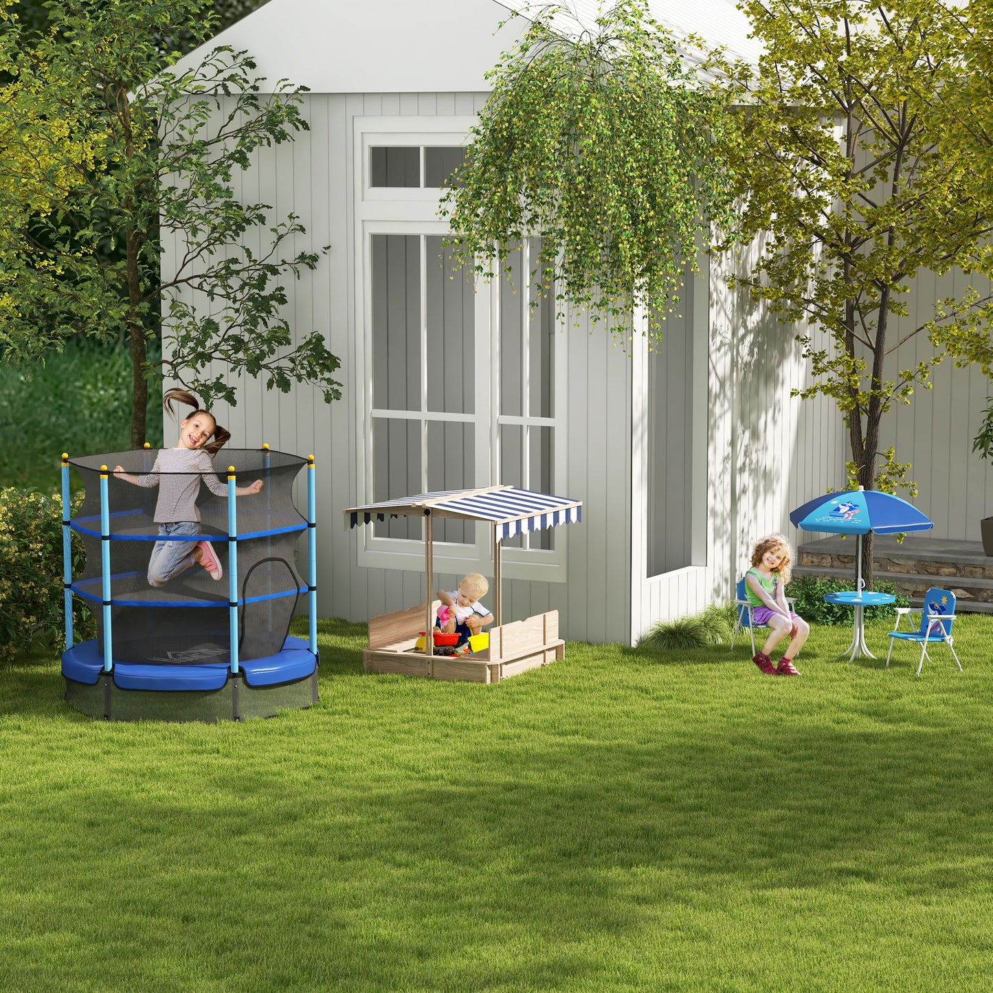 Outsunny Kids Drewniana piaskownica z pokrywkami Piaskownica dla dzieci Regulowana wysokość Baldachim do ogrodu, Ławka z funkcją rozkładania Zestaw do zabawy na podwórku, Baldachim w kolorze niebieskim i białym