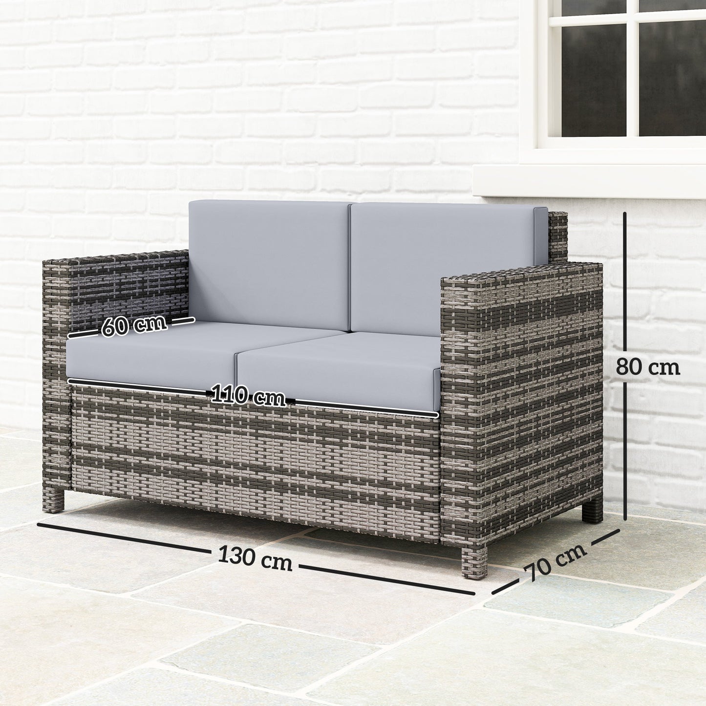 Sofa rattanowa Outsunny, 2-osobowa ogrodowa z miękką wyściółką i podłokietnikami, wiklinowa ogrodowa sofa dwuosobowa na patio, mieszana szarość