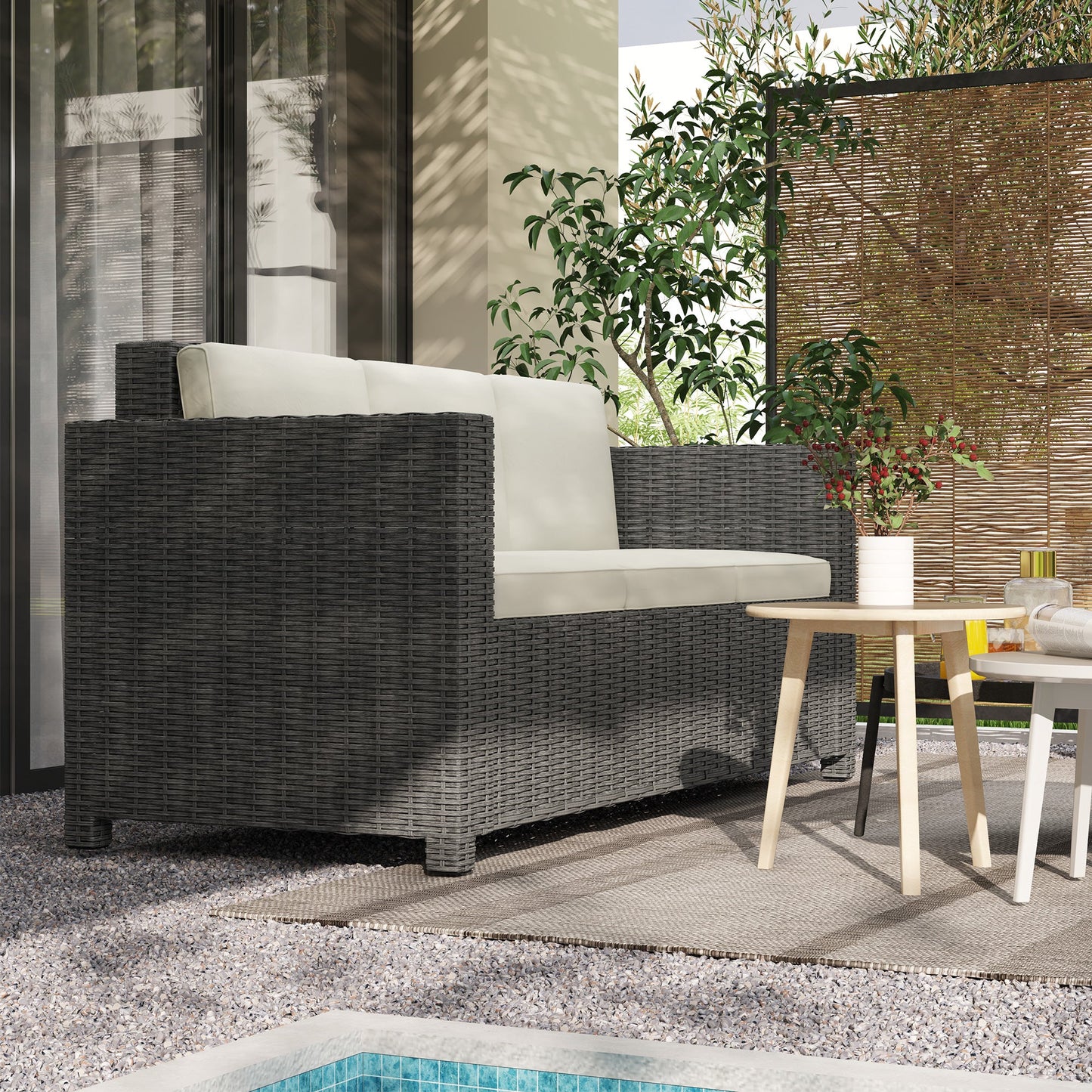 Outsunny 3-osobowa sofa rattanowa z metalową ramą, odporna na warunki atmosferyczne, pleciona z wikliny, z ognioodporną poduszką, kremowa