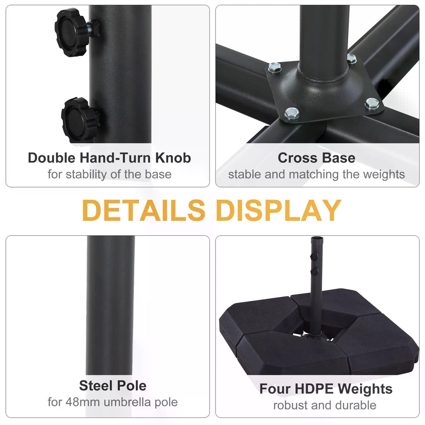Outsunny 4PCs Fillable Parasol Base Weights with Steel Cross Base Garden Umbrella Stand 60L Water or 72kg Sand Filled Weights Plastic Black