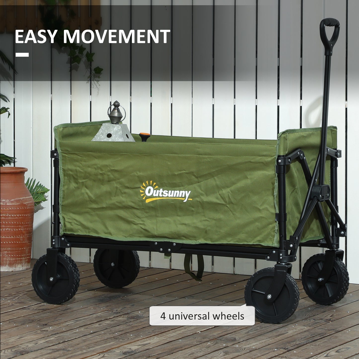 Outsunny 120L Folding Garden Trolley Cart, Outdoor Collapsible Wagon with Wheels and Adjustable Handle for Beach, Camping, Festival, Green