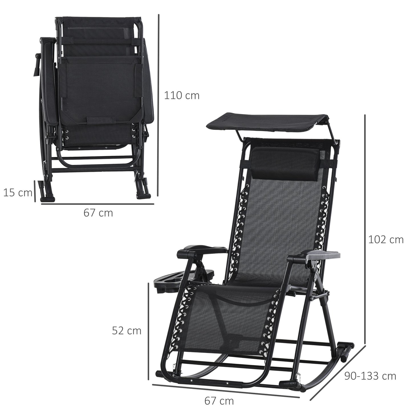Outsunny Garden Rocking Chair składany fotel rozkładany na zewnątrz regulowany leżak bujany Zero-Gravity Seat z zagłówkiem uchwyt boczny Patio Deck - czarny