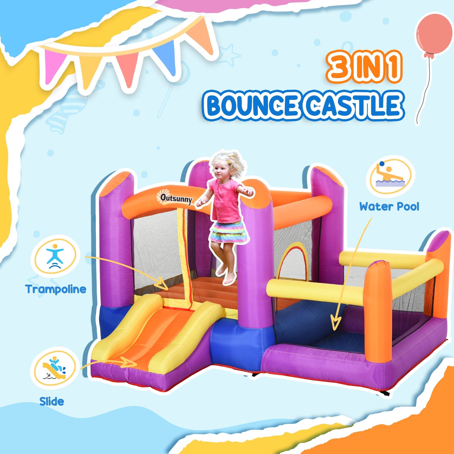Outsunny Dziecięcy dmuchany zamek Domek Trampolina Zjeżdżalnia Basen wodny 3 w 1 z dmuchawą dla dzieci w wieku 3-8 lat Wielokolorowy 2,8 x 2,5 x 1,7 m