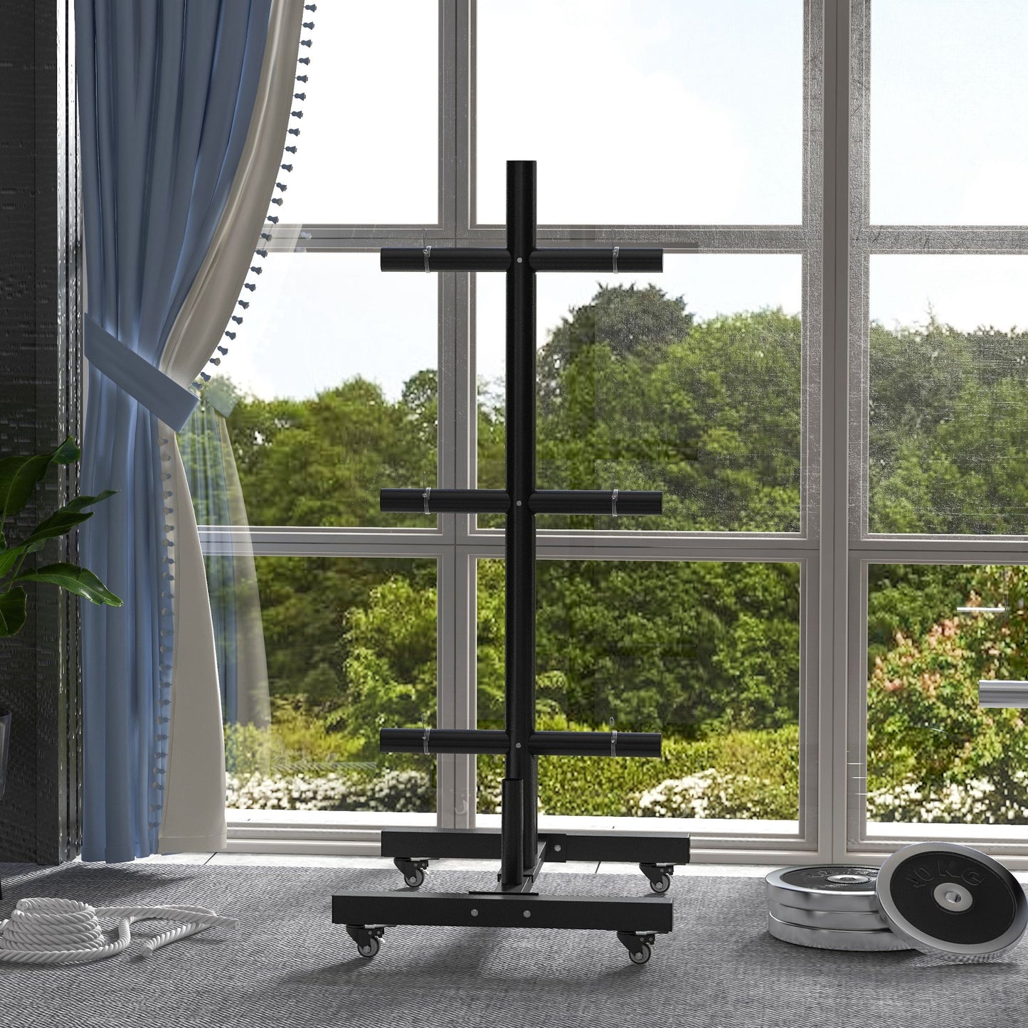 SPORTNOW Weight Rack for Olympic Weight Plate, 3 Tier Weight Tree for 2 inch Plates and Bars, Weight Organiser Stand with 4 Transport Wheels and Clamps for Home Gym, Max Load 200kg, Black