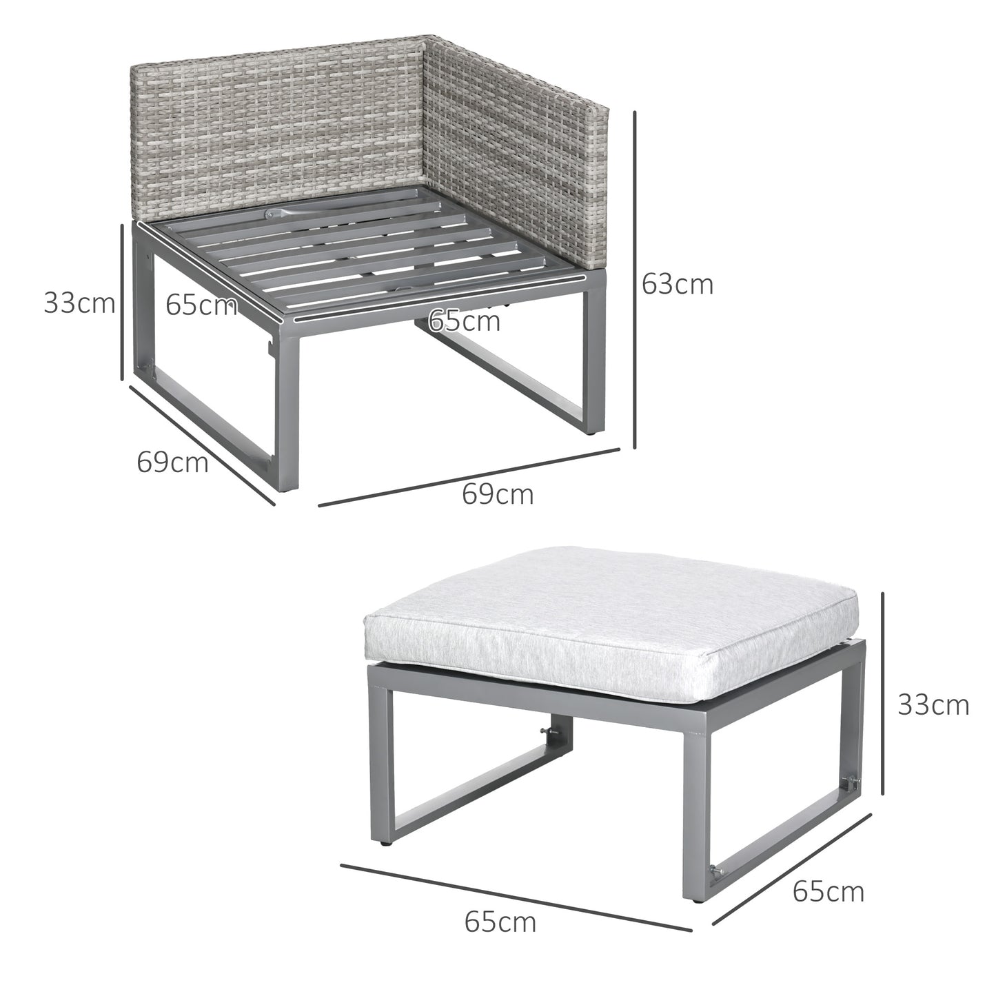 Zestaw Outsunny 3 w 1 Rattan Bistro, Zestaw mebli ogrodowych z wikliny z 2-poziomowym podnoszonym stołem, Regulowana 3-osobowa sofa leżanka ze zmywalnymi poduszkami na zewnątrz, patio, balkon, Szary